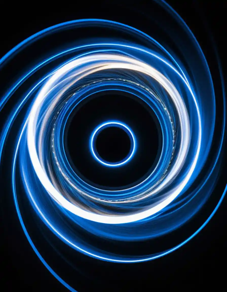 Abstract light trails forming a glowing eye in darkness