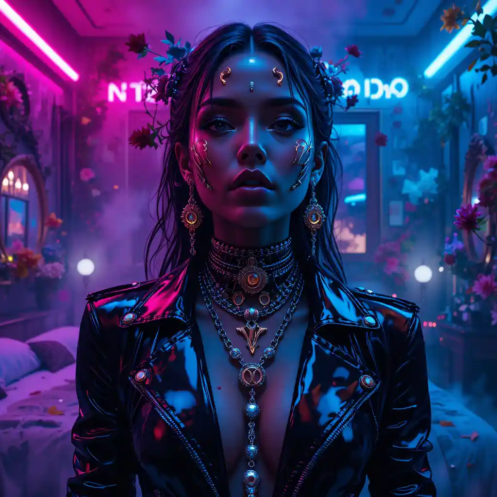 Futuristic gothic cyber witch in latex and chrome portrait
