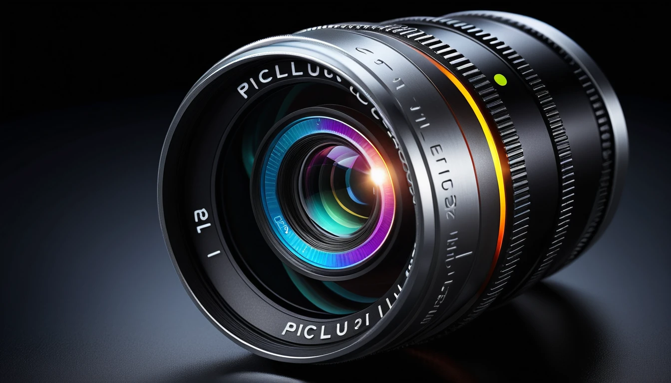 Glowing futuristic camera lens on dark reflective studio table