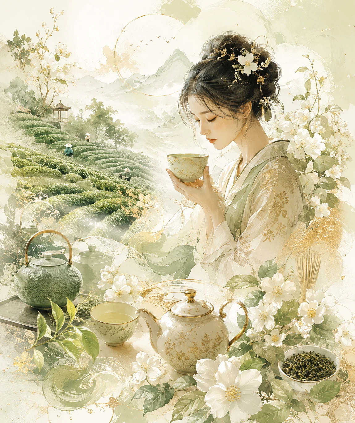 Elegant Asian tea moodboard with plants and ceramics
