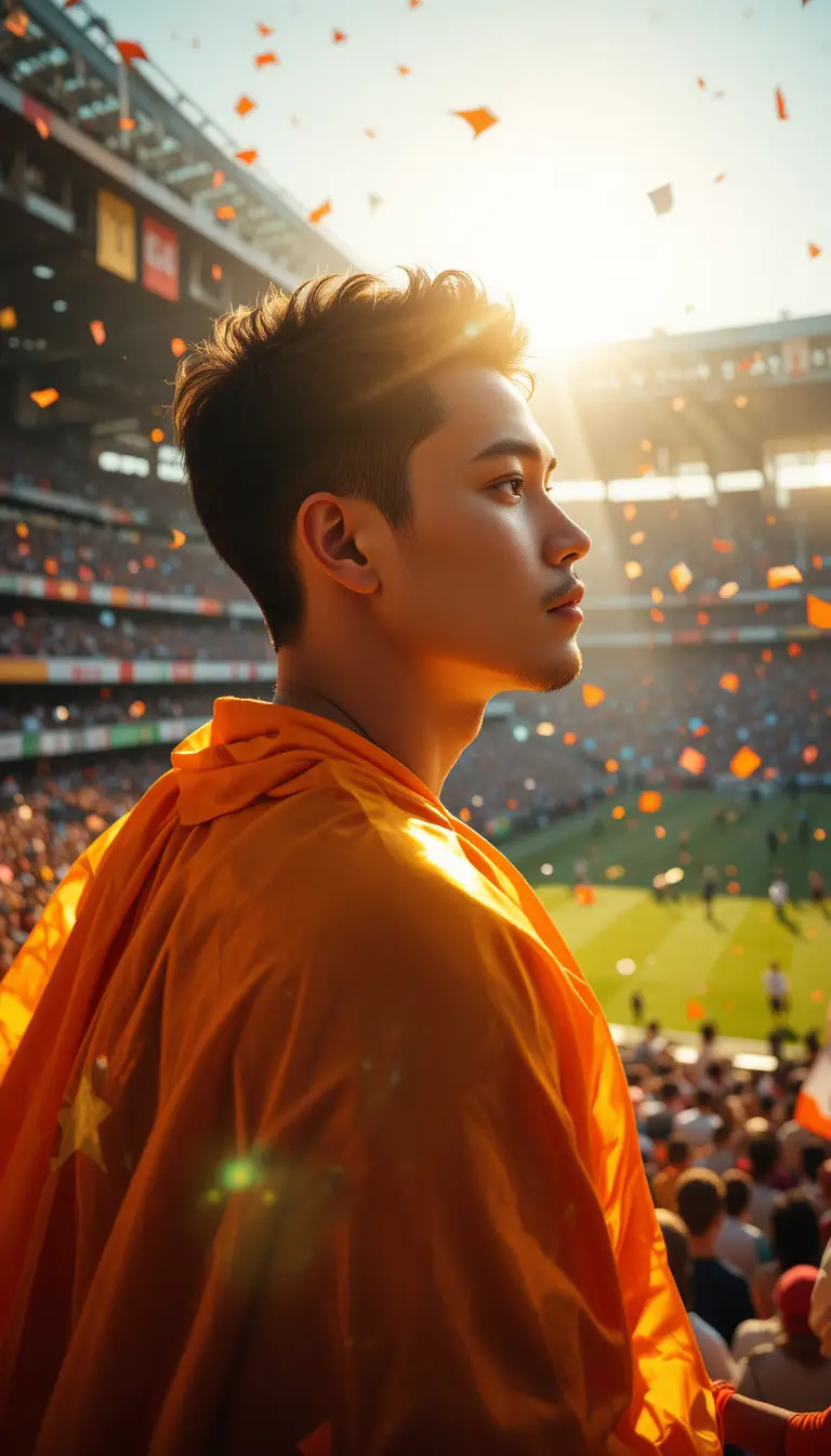 Proud woman in stadium with flowing flag and golden light