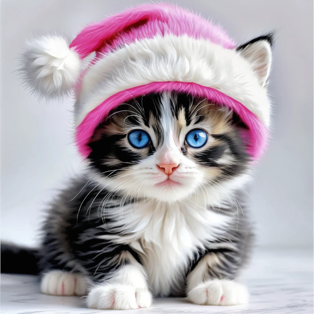 Fluffy cartoon kitten in pink winter hat with bow