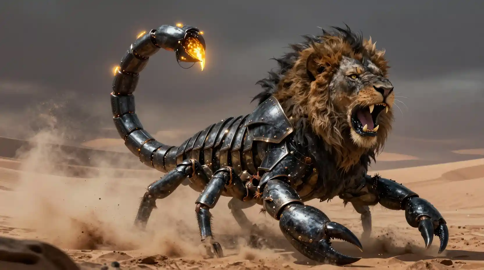 Savage chimera lion scorpion under a stormy desert sky