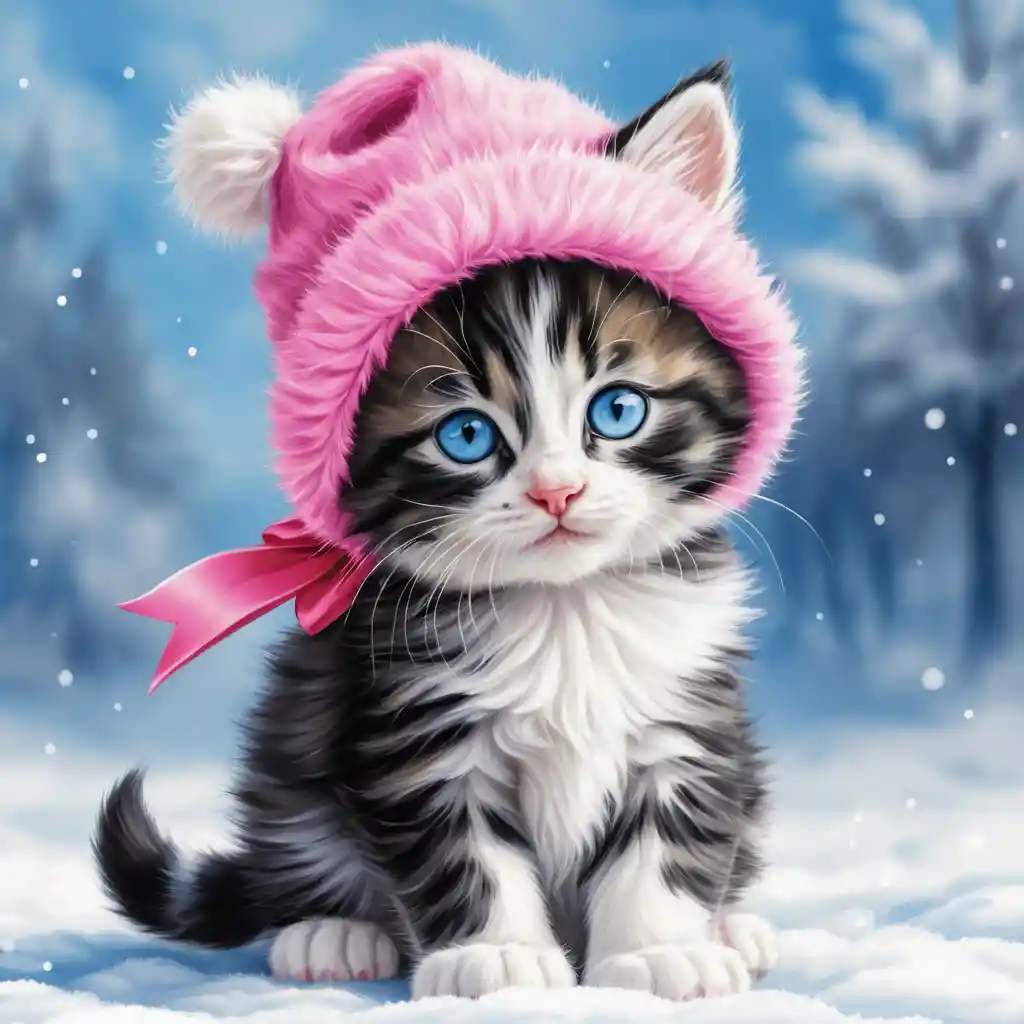 Fluffy Tabby Kitten In Pink Winter Hat Illustration