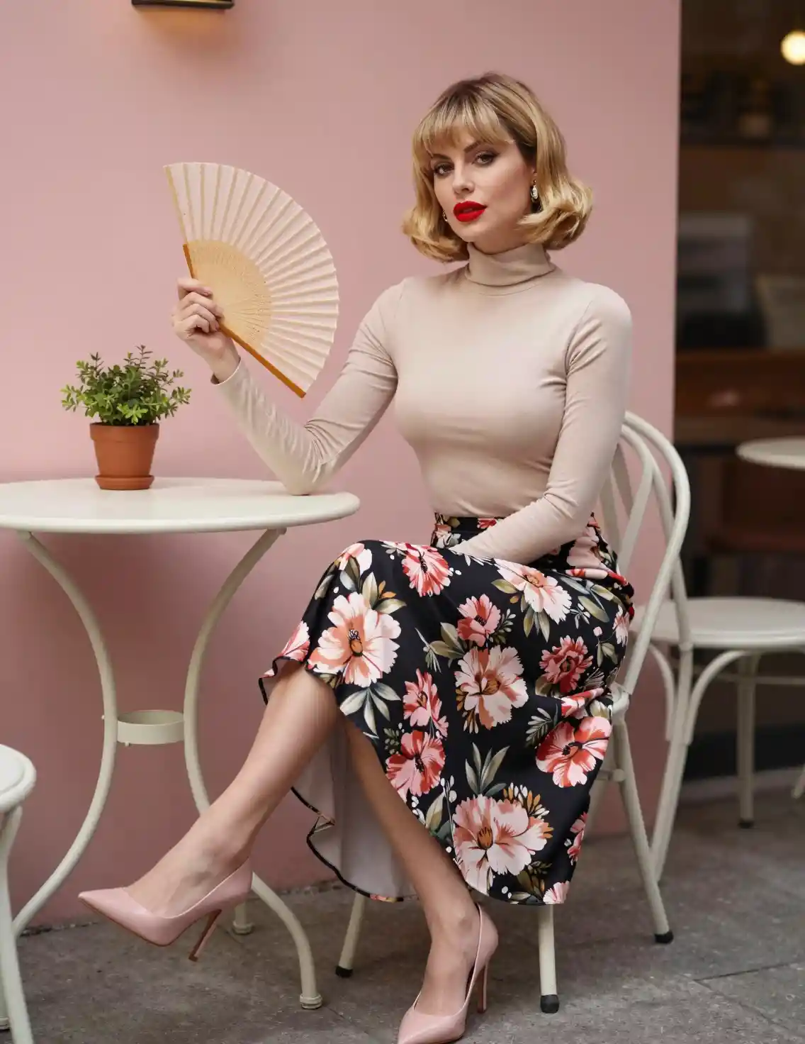 Elegant woman with fan on chic cafe terrace