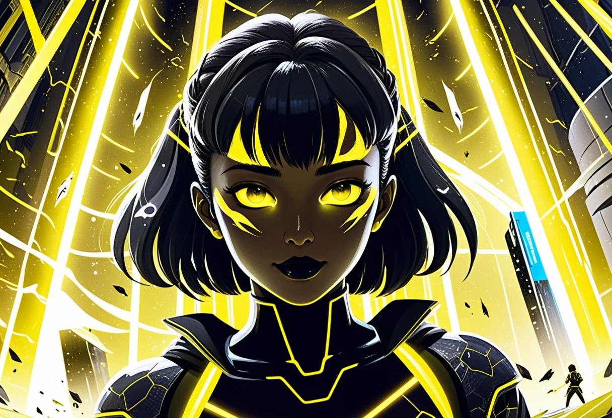 Anime girls with glowing yellow eyes in sci fi facility