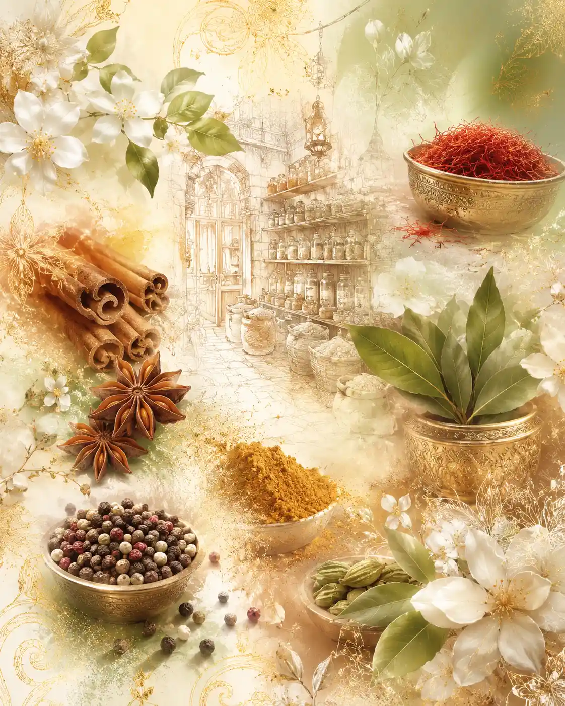 Fine art moodboard of warm aromatic kitchen spices