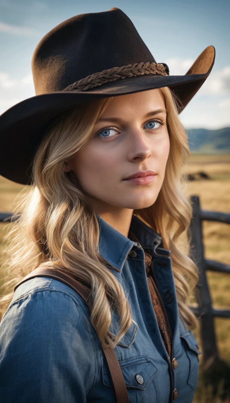 Blonde woman in cowboy hat on rustic fence in sunlight