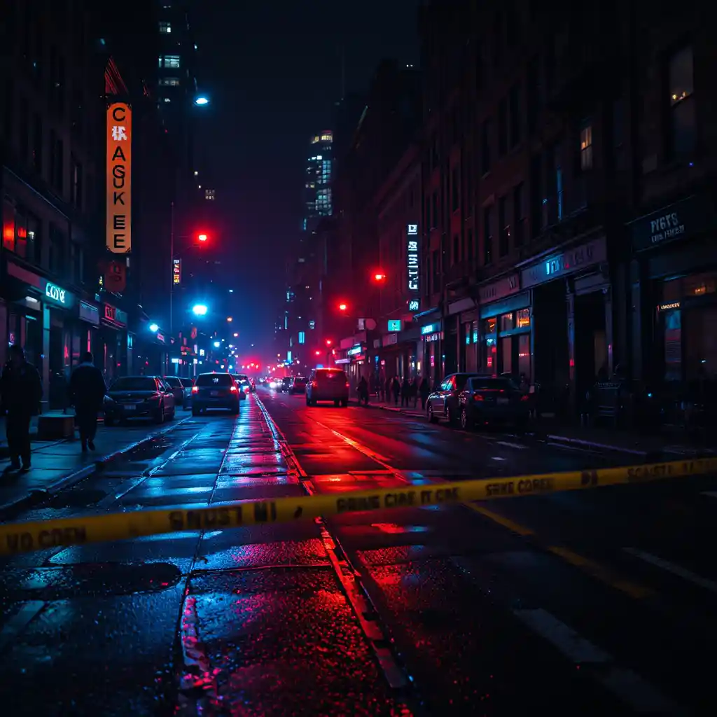 Dark city street with police lights and crime scene tape