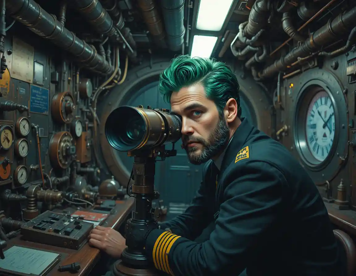 Naval officer looking through periscope in submarine control room