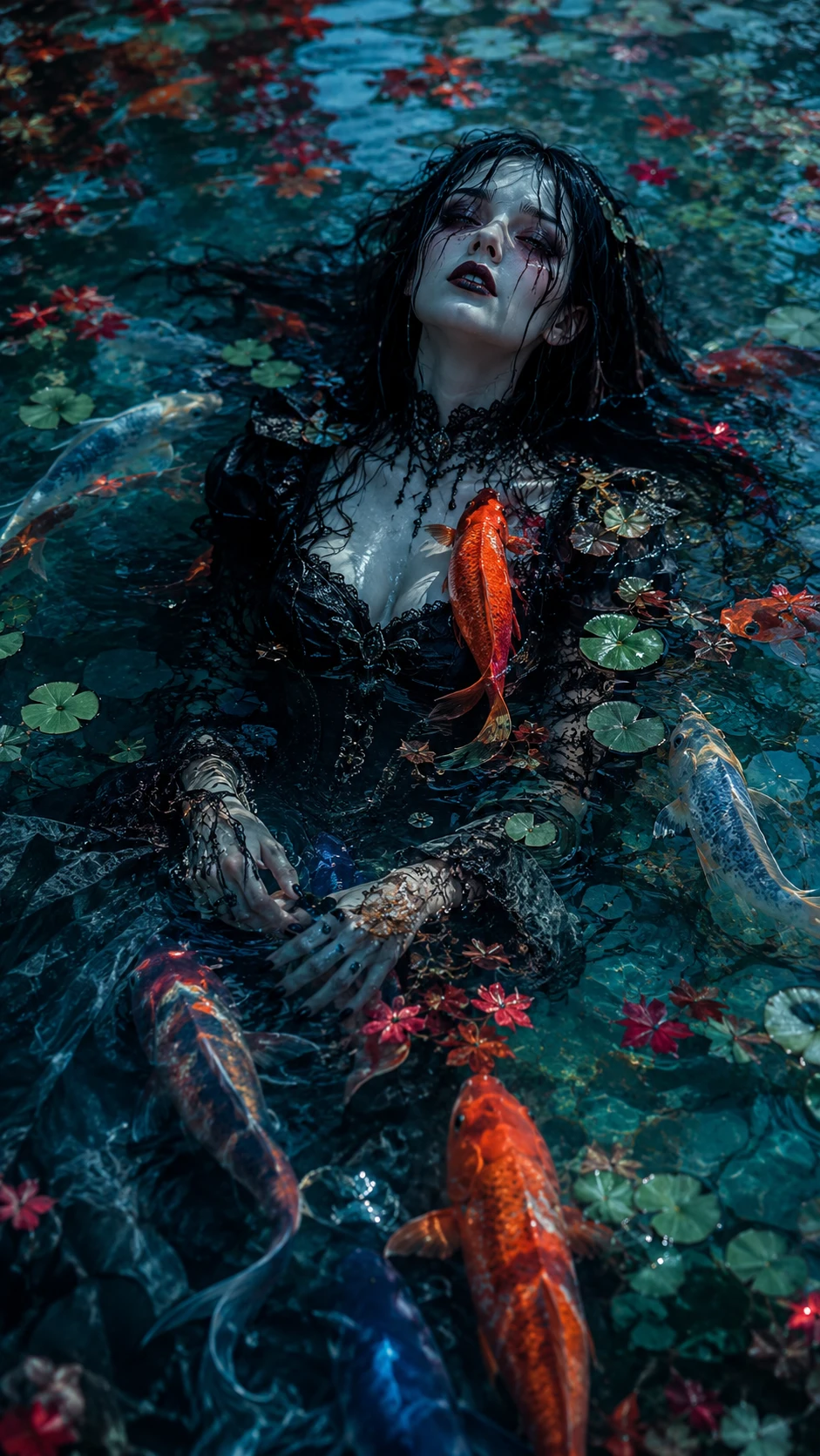 Gothic woman in black lace standing in turquoise pond