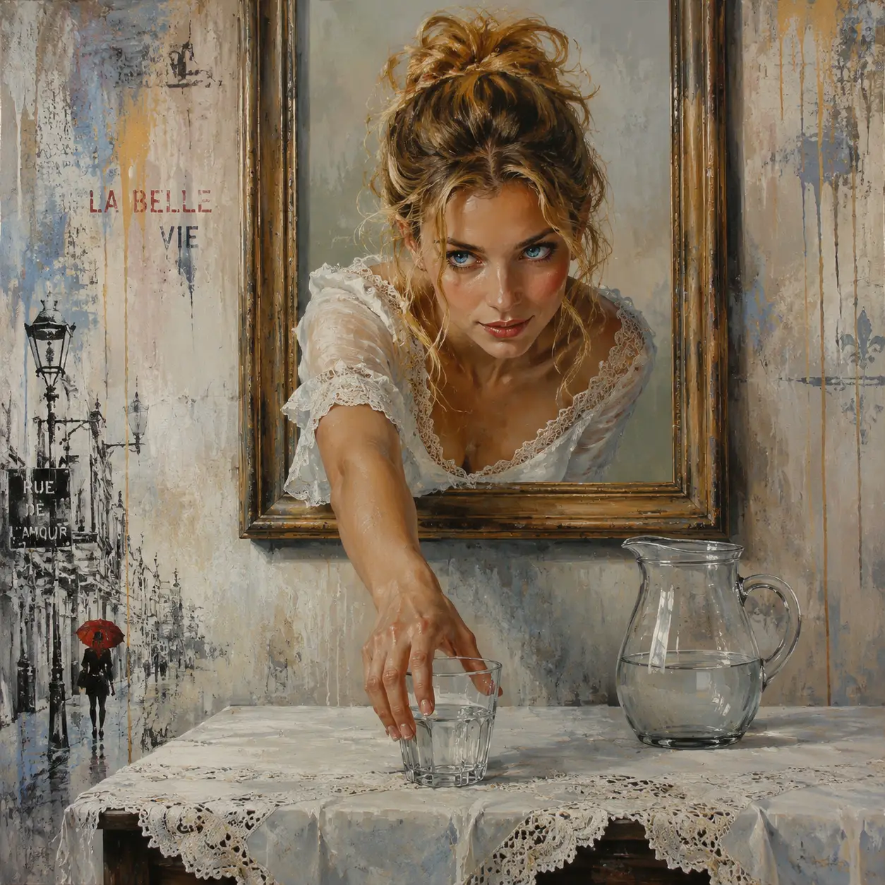 Playful blonde woman reaching from framed painting for water
