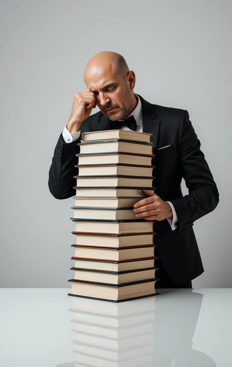 Bald man in tuxedo leaning on tall stack of books