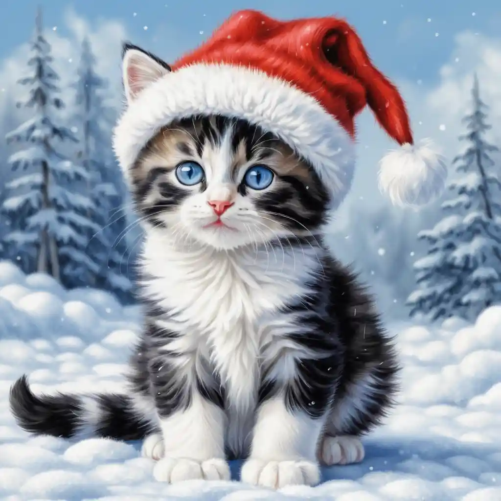 Cute tabby kitten in red winter hat with blue eyes