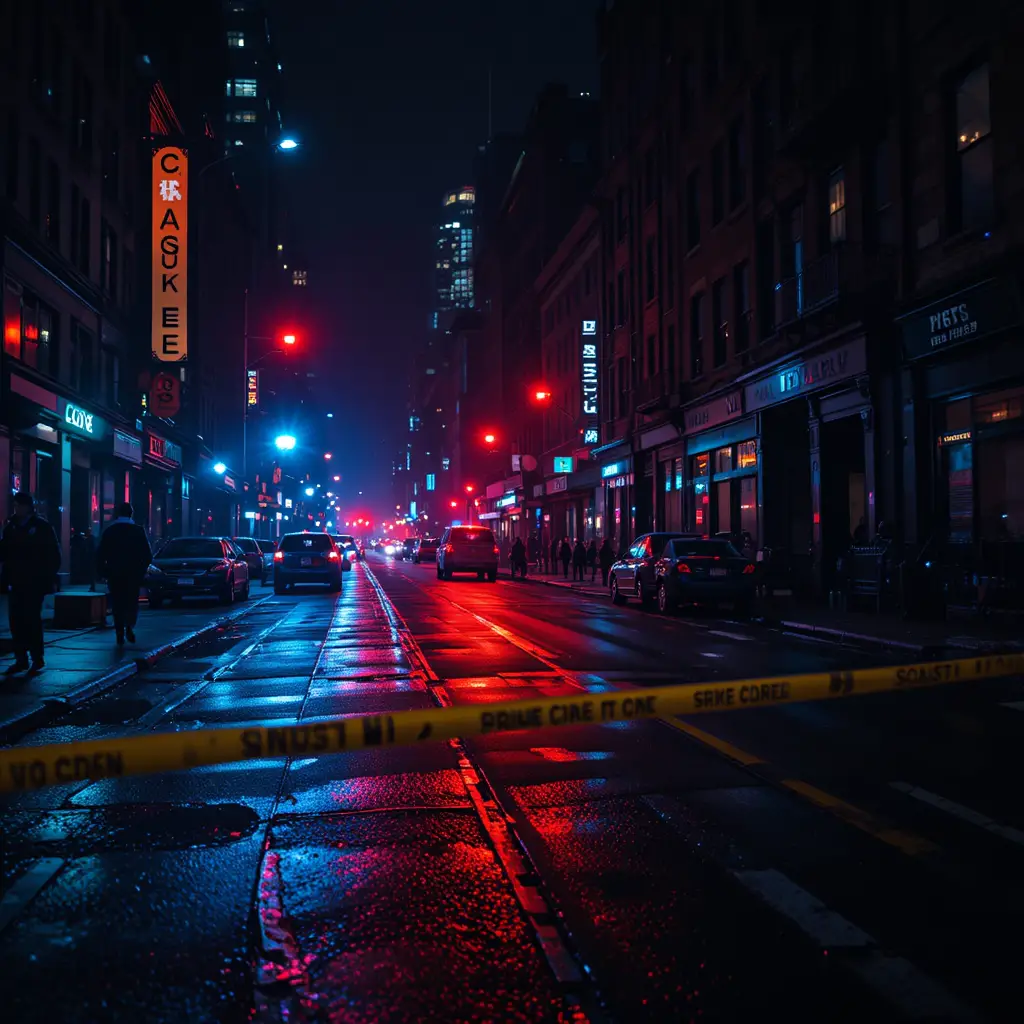 Dark city street with police lights and crime scene tape