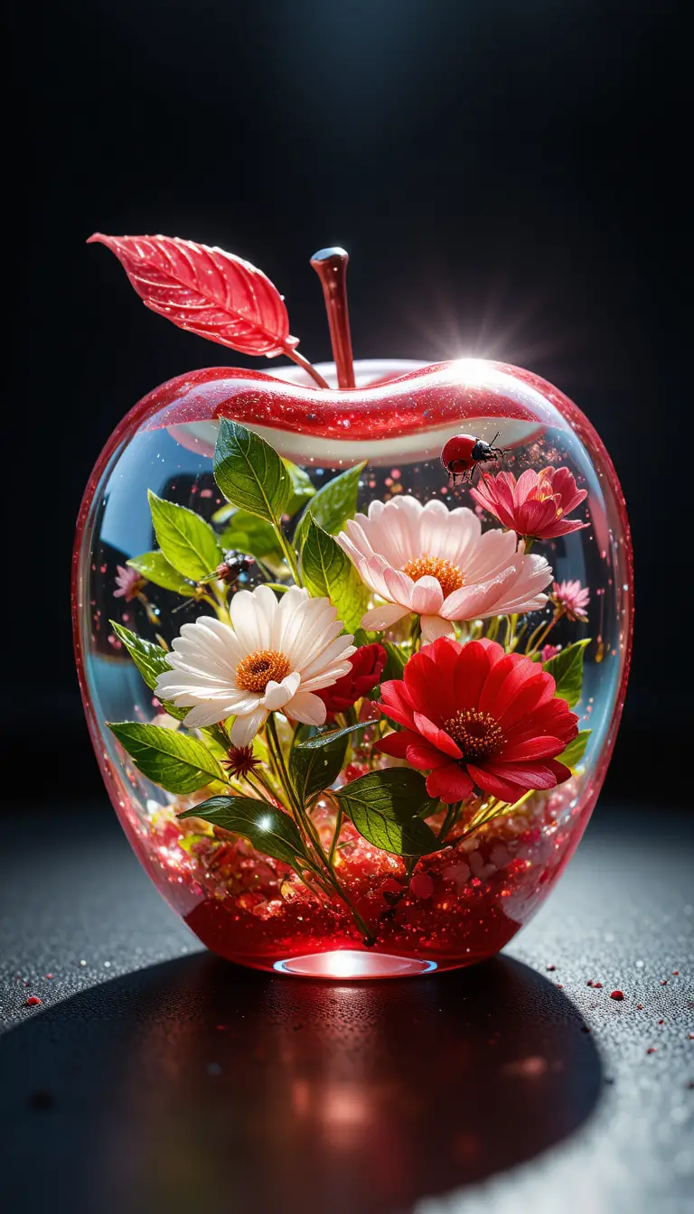 Surreal glass apple with flowers and ladybug on black background