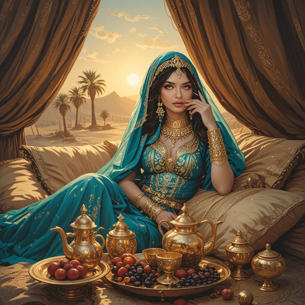 Elegant veiled woman reclining in a golden desert tent
