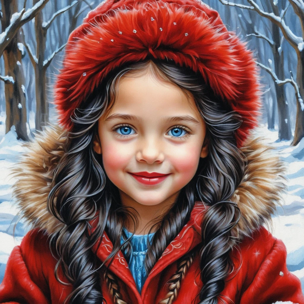 Smiling winter girl with long braided black hair in red fur