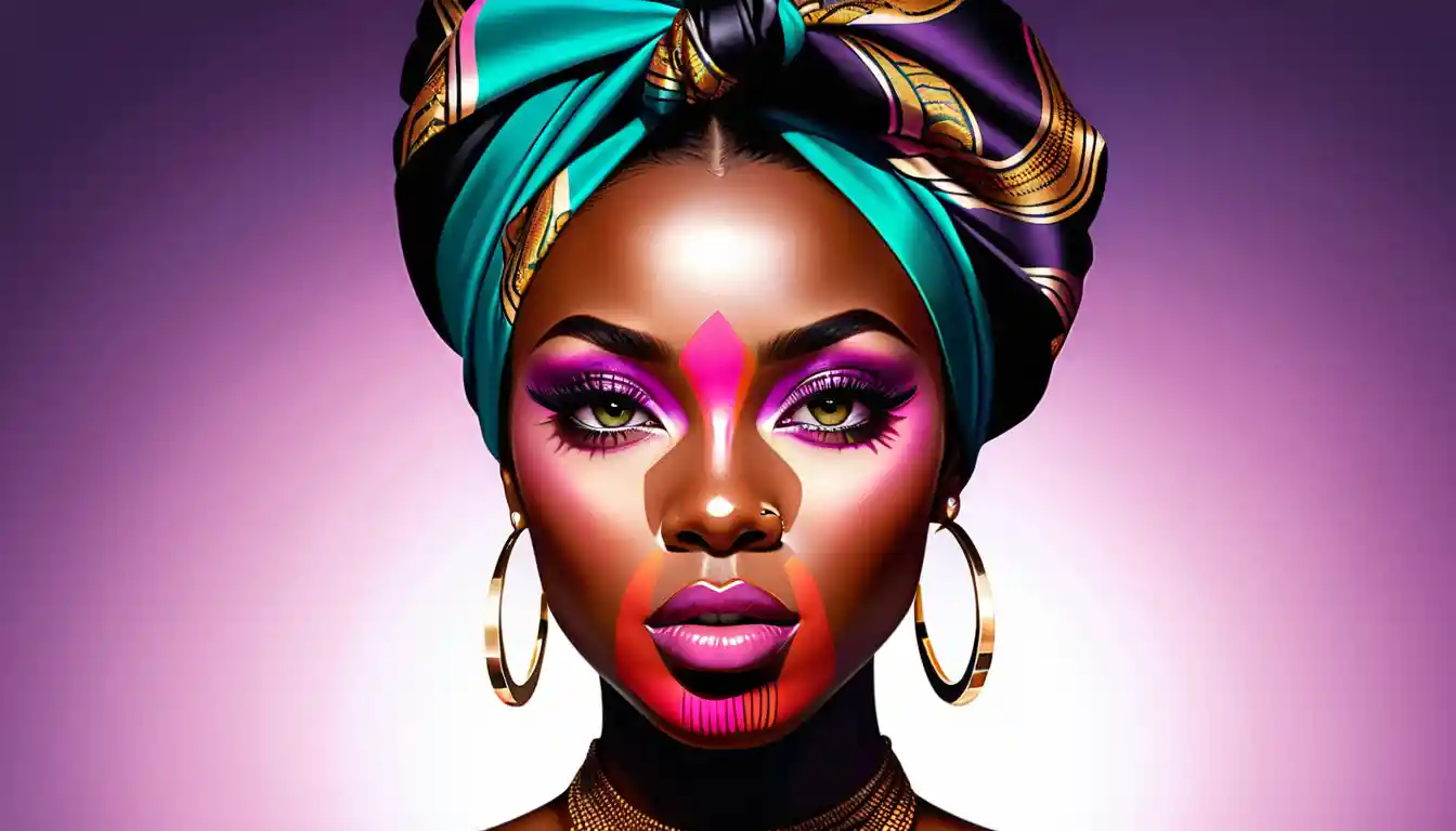Close up glam portrait of black woman in bold headwrap