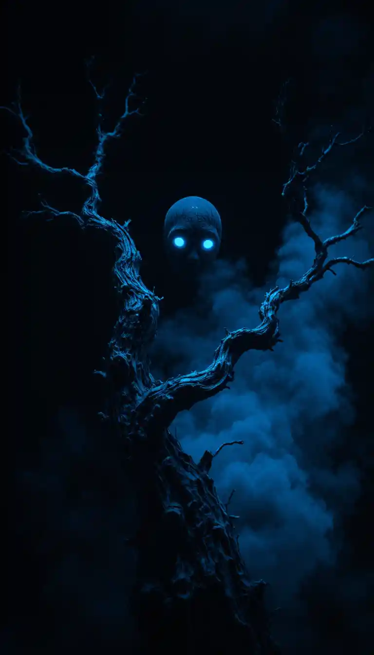 Ramo d’albero contorto e inquietante in blu freddo su nero