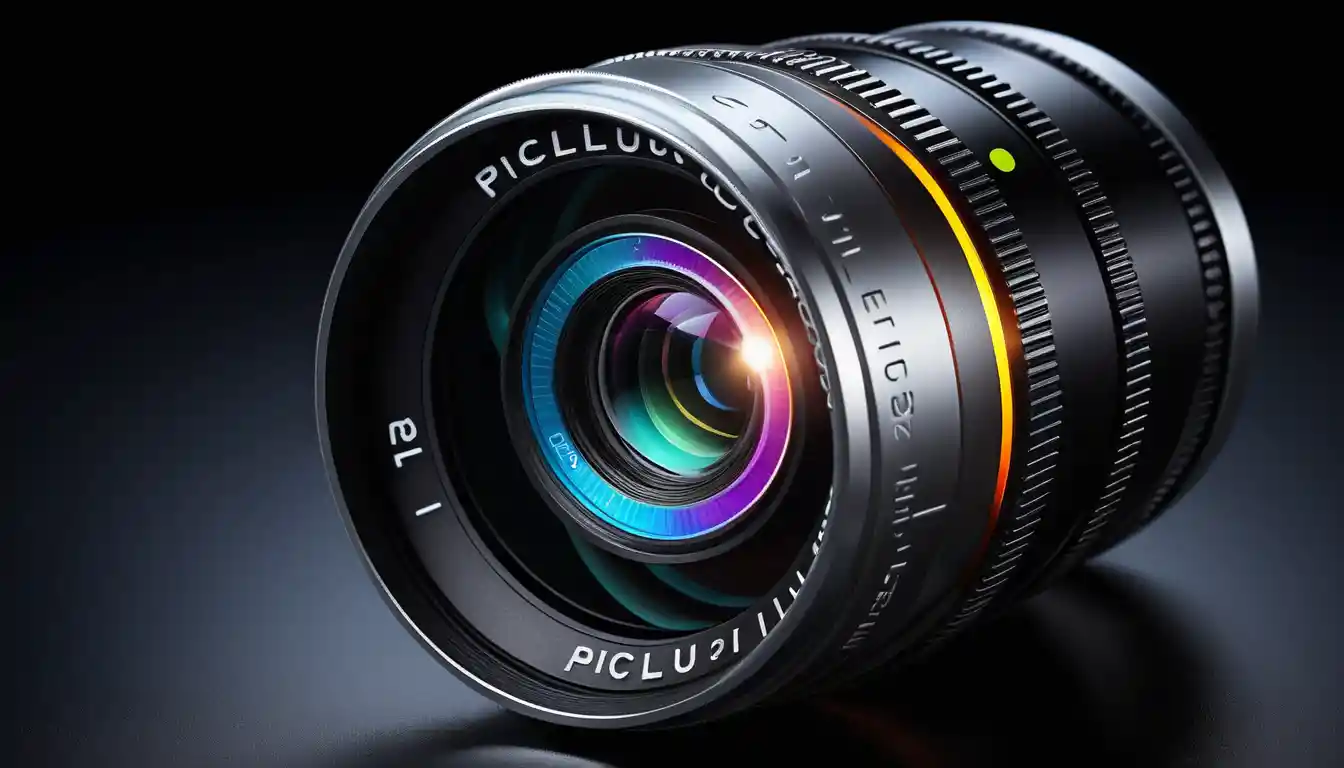 Glowing futuristic camera lens on dark reflective studio table