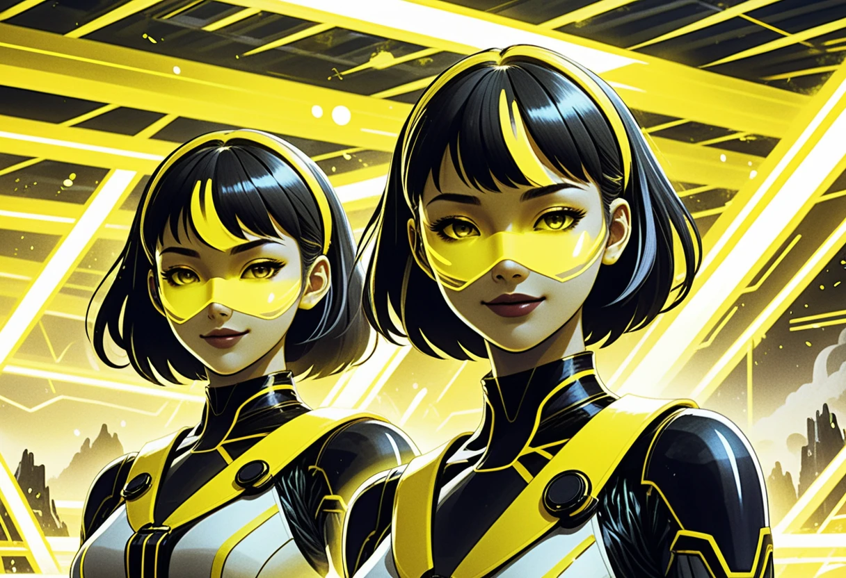 Smiling anime girls in neon sci fi research facility