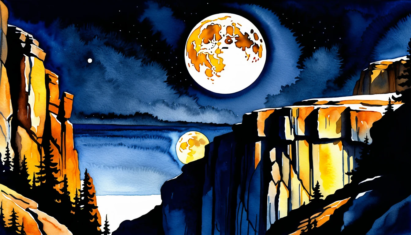 Moody watercolor cliff under a dramatic golden full moon