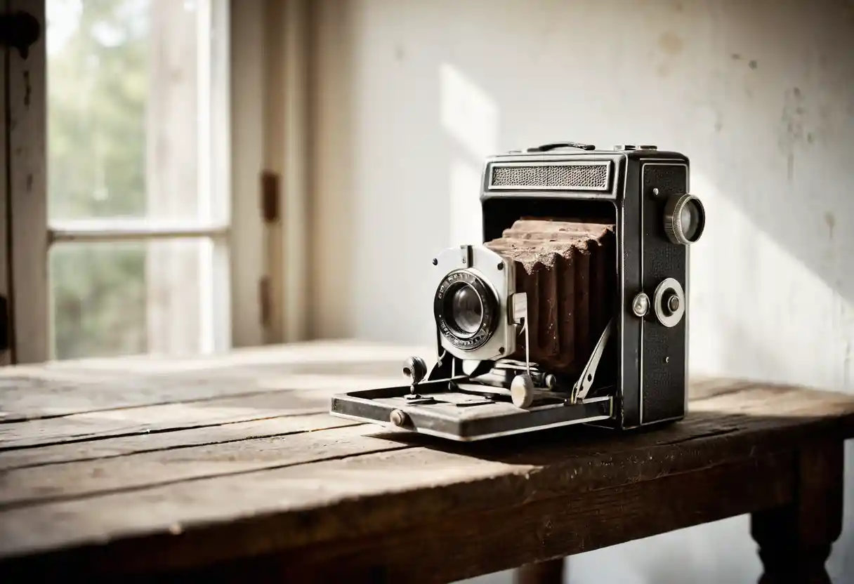 Vintage camera glowing with white light on wooden desk