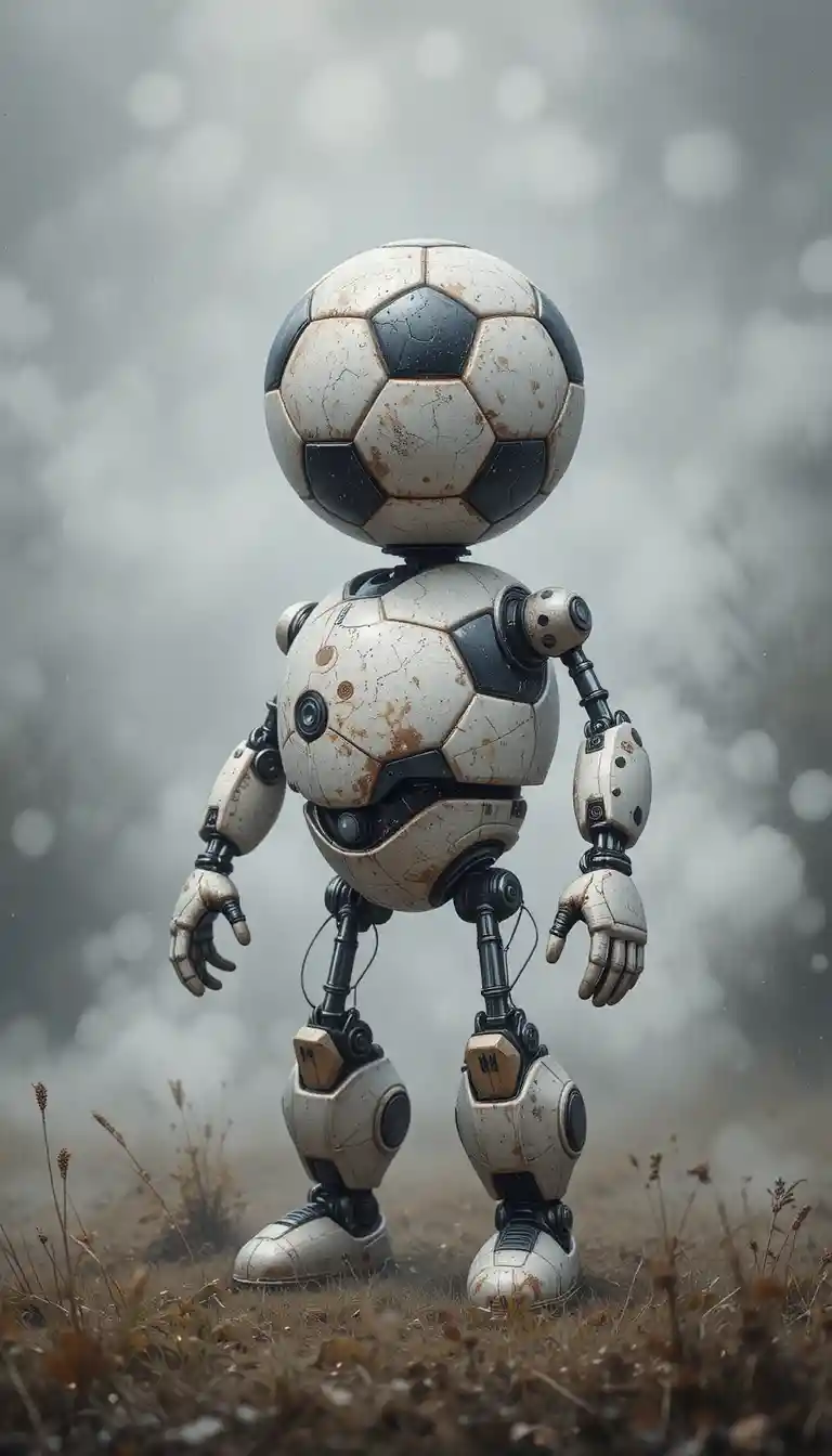 Close up oil painting of a robot made of soccer balls
