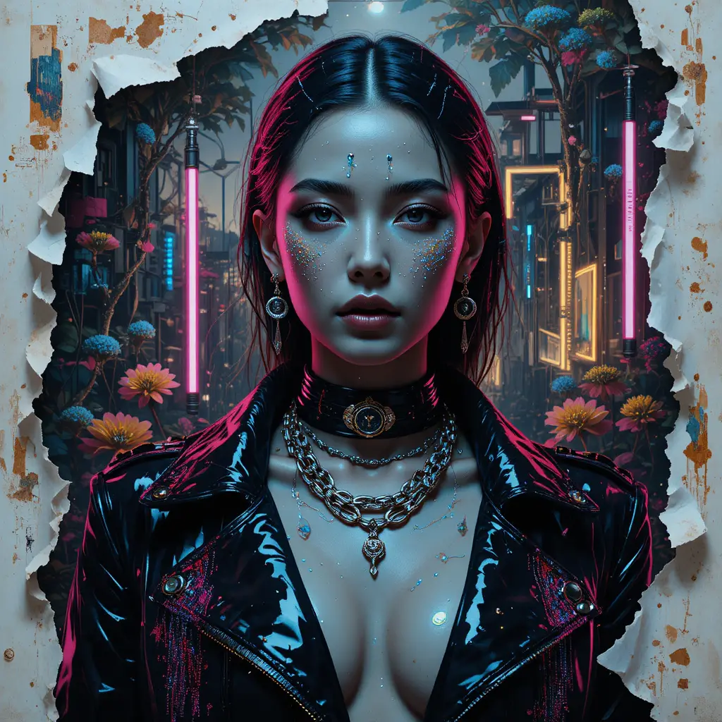 Ritratto fashion di musa cyber in collage urbano a strati