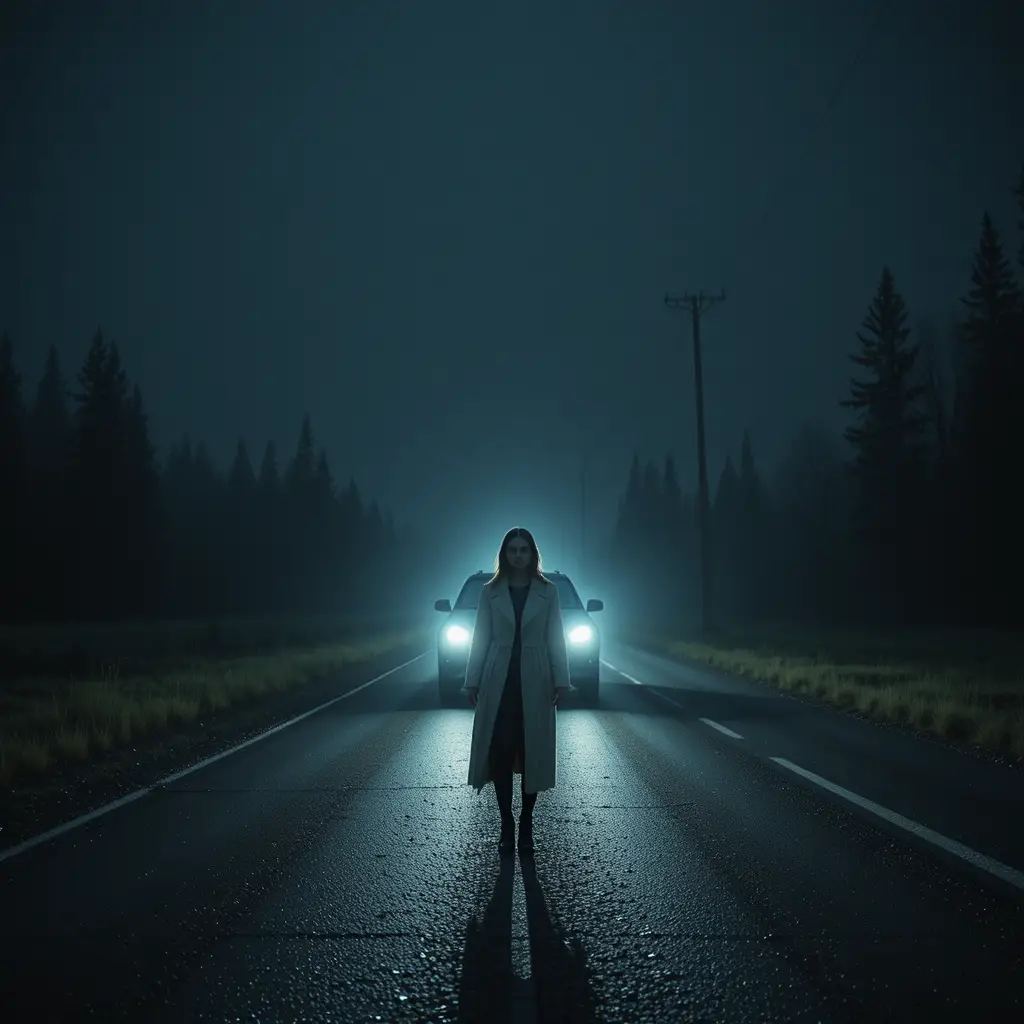 Woman in headlights on a foggy rural highway at midnight