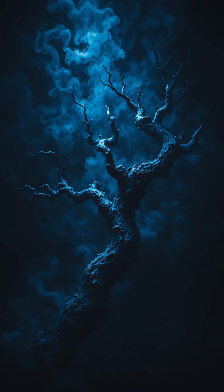 Ominous Gnarled Tree Branch In Cool Blue Against Black