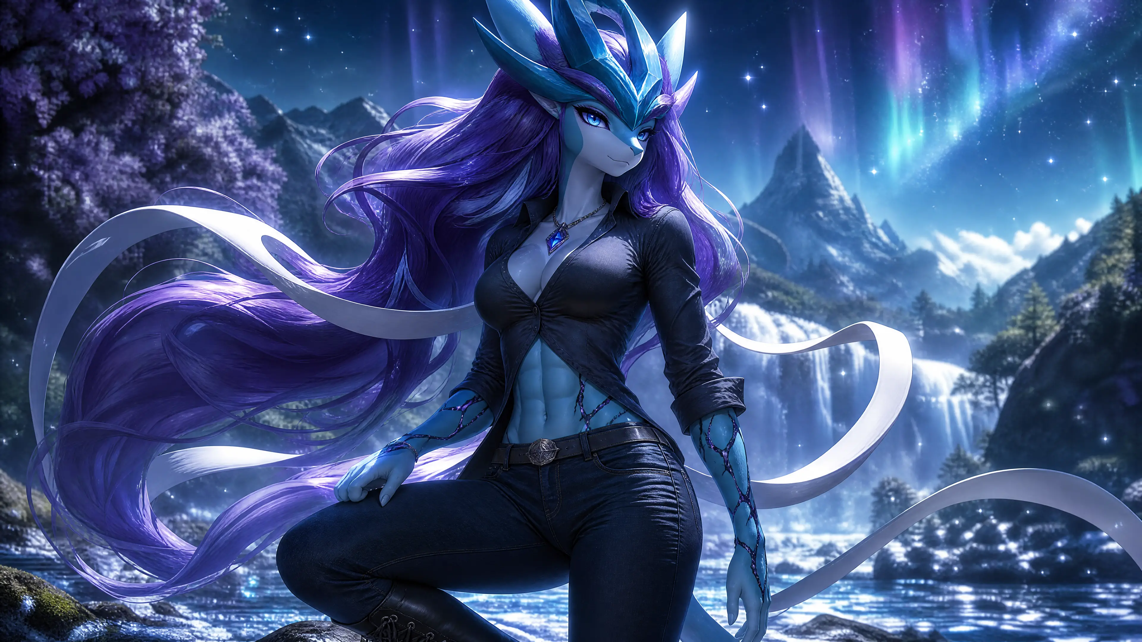 Elegante Fantasy-Frau mit lila Haaren in lässigem Outfit