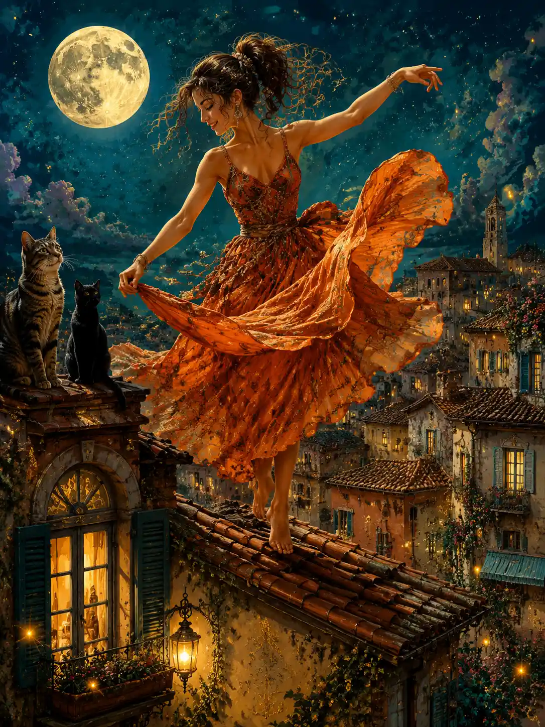 Young woman dancing playfully on a crooked Mediterranean rooftop