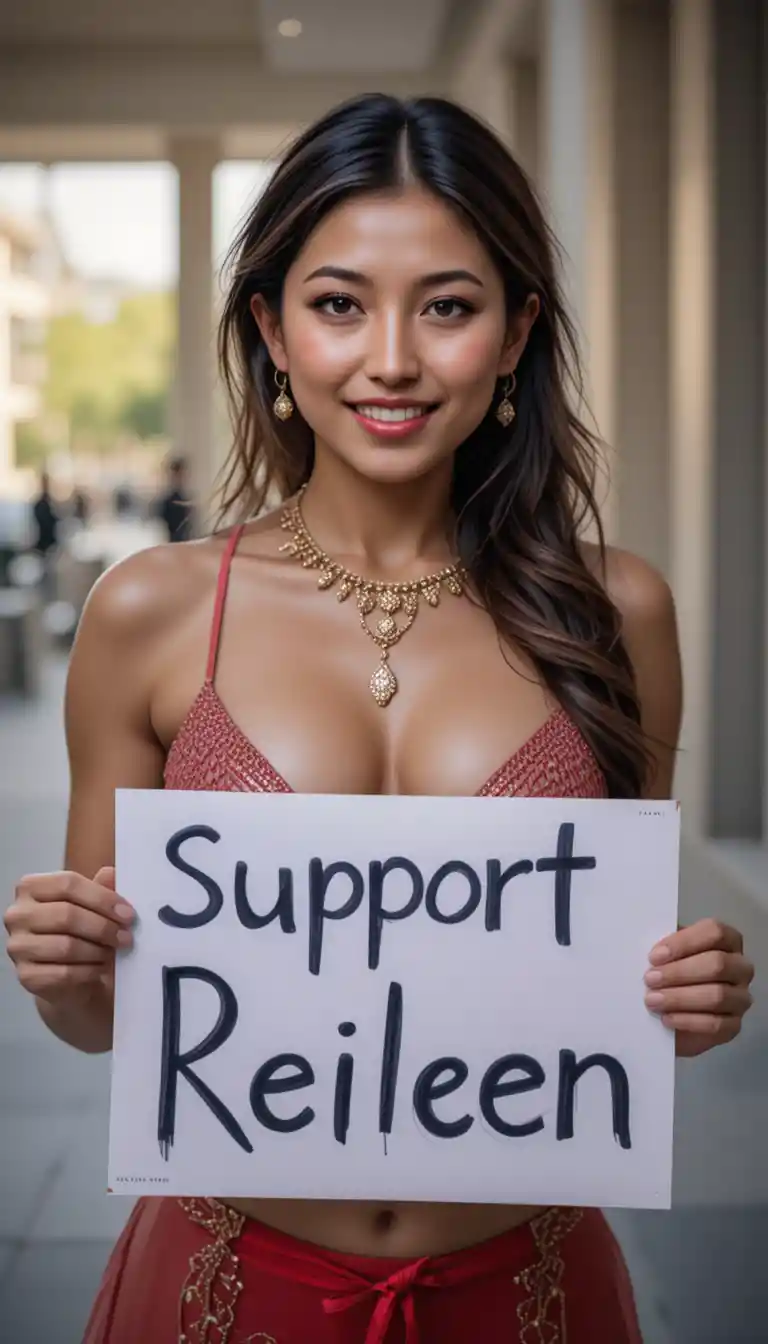 Smiling young woman holding a Support Reileen sign