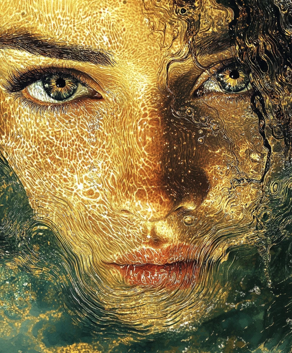 Surreal close up of submerged face in shimmering water