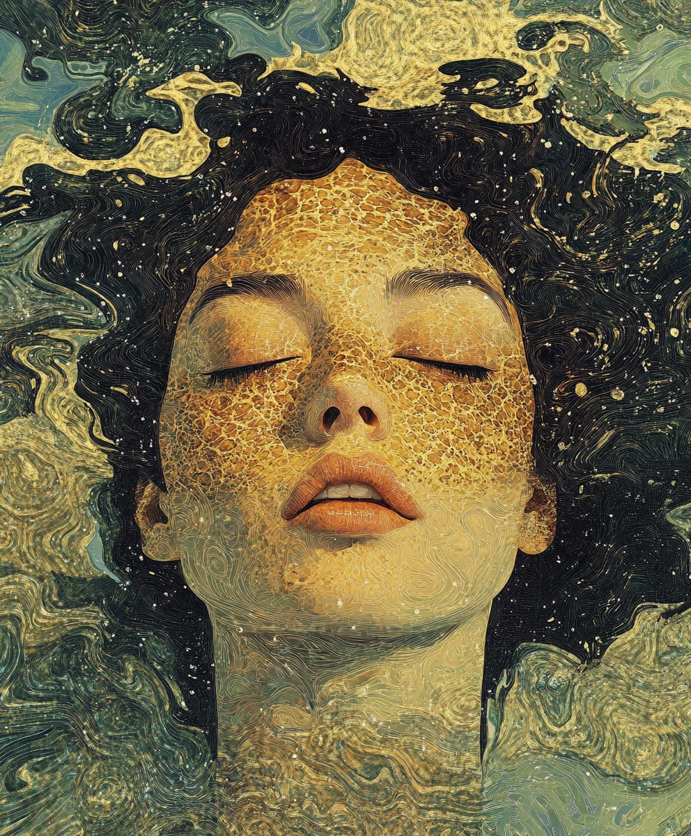 Rostro femenino sumergido surrealista en agua dorada brillante