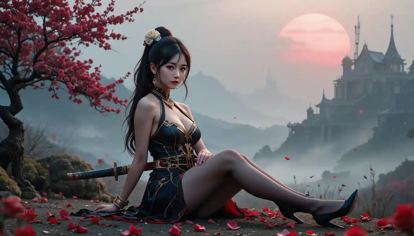 Elegant katana warrior under blooming cherry blossoms
