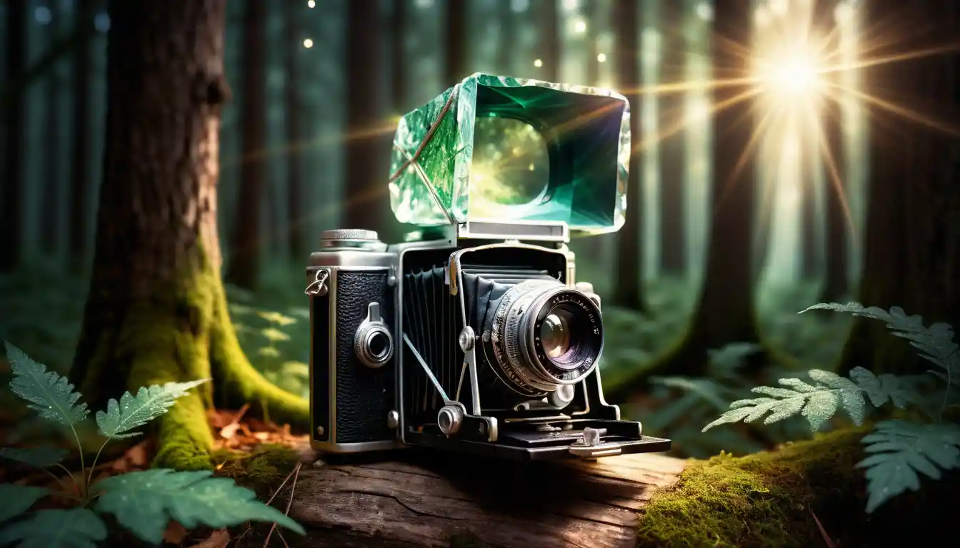 Magical Crystal Camera Shining Through Enchanted Forest Darkness