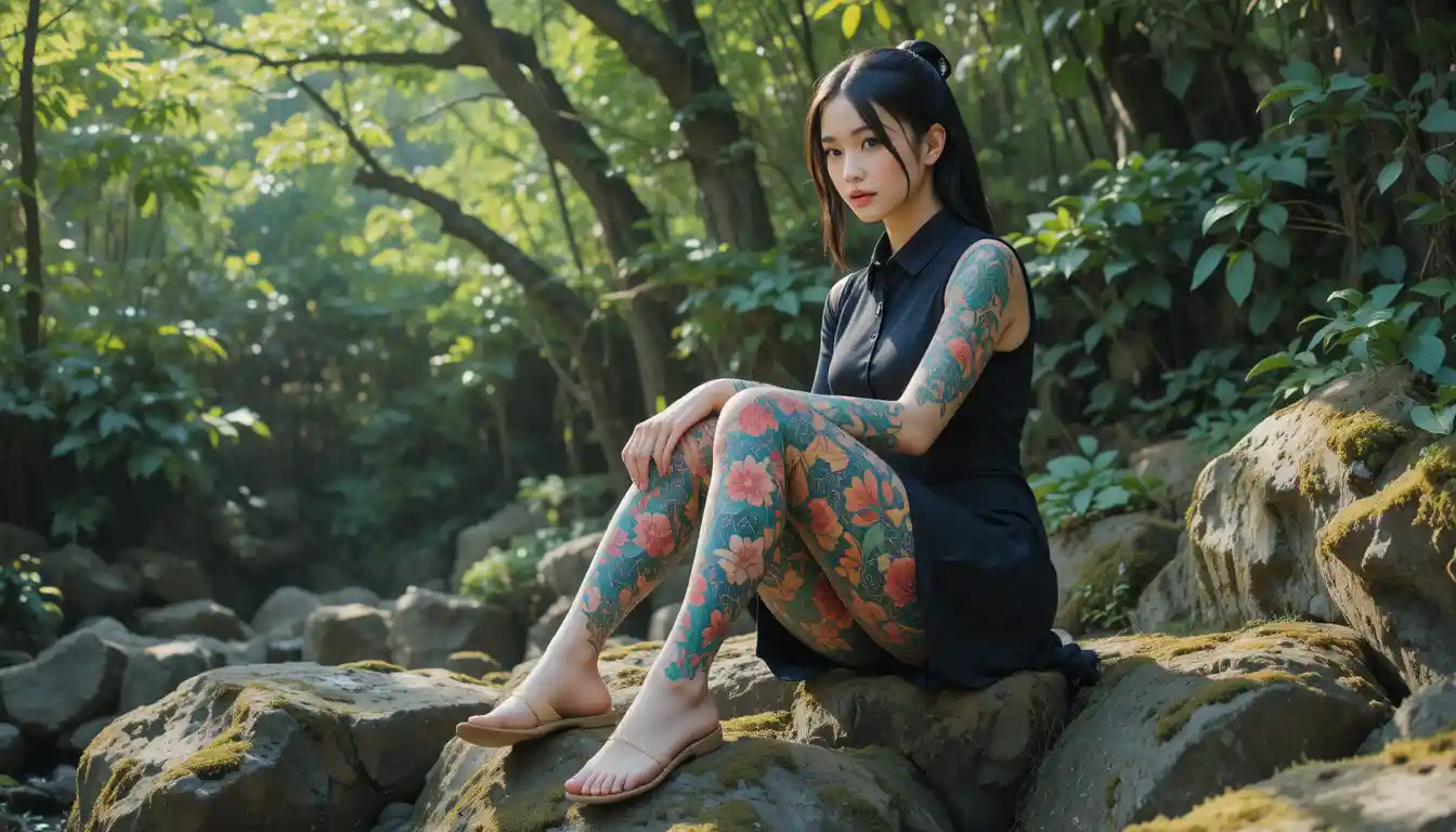 Tattooed woman sitting on forest rocks in dappled light