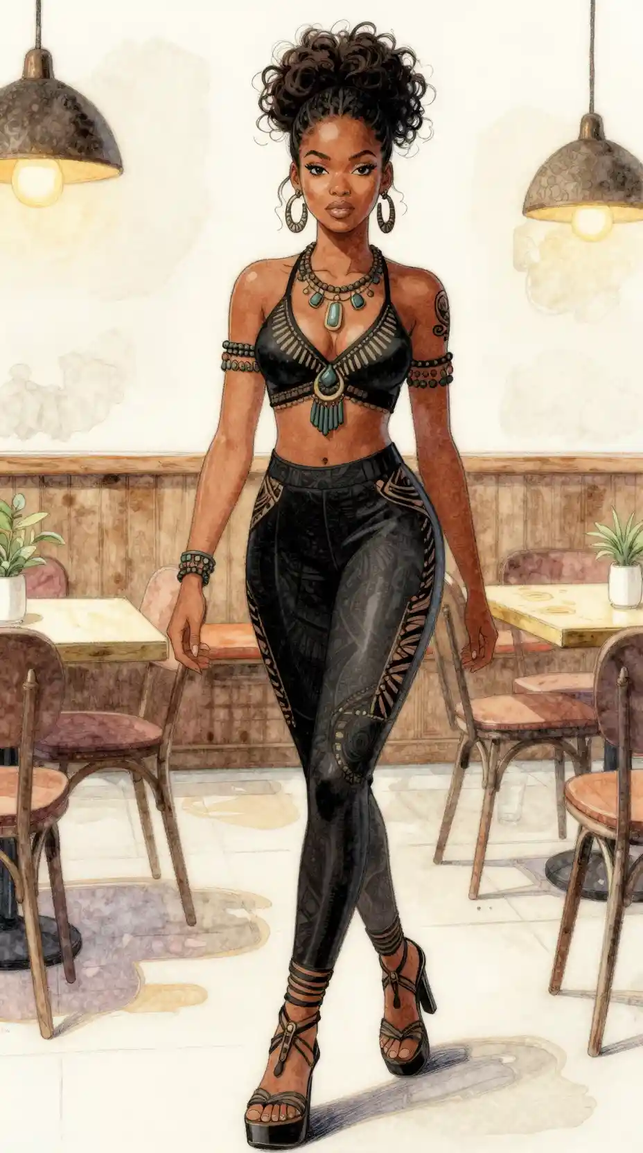 Stylish Nubian woman entering a quiet watercolor cafe