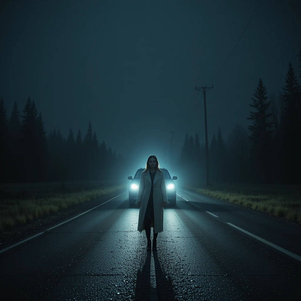 Woman in headlights on a foggy rural highway at midnight