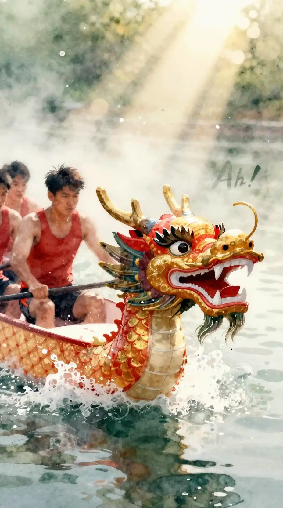 Watercolor close up of a dragon boat carving in motion