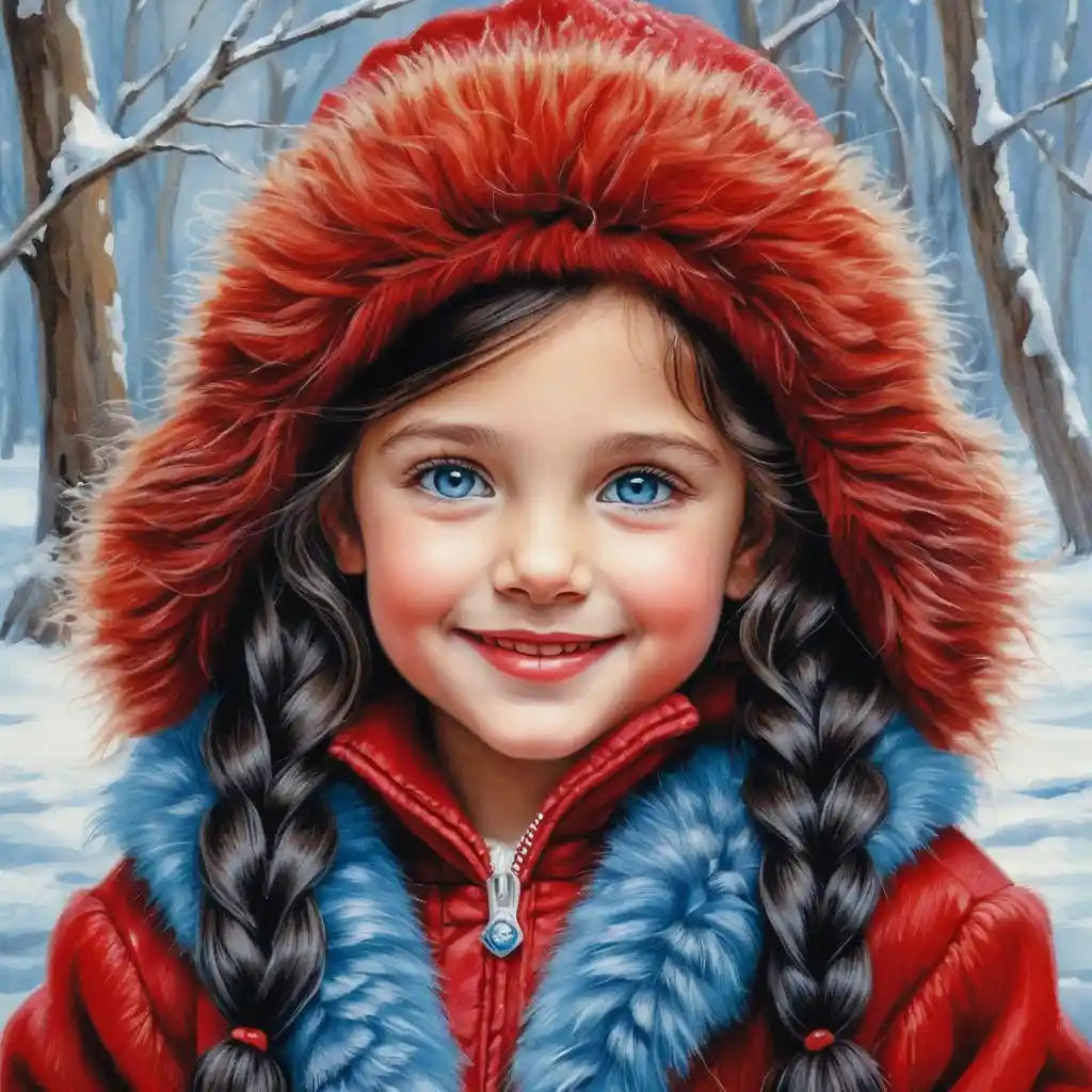 Smiling Winter Girl In Red Fur Coat Illustration