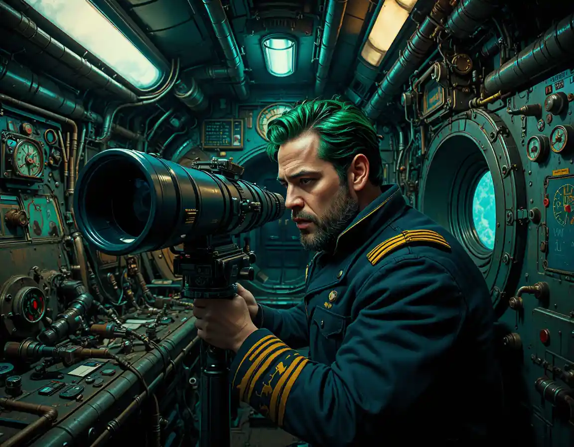 Naval officer using a periscope in a submarine control room