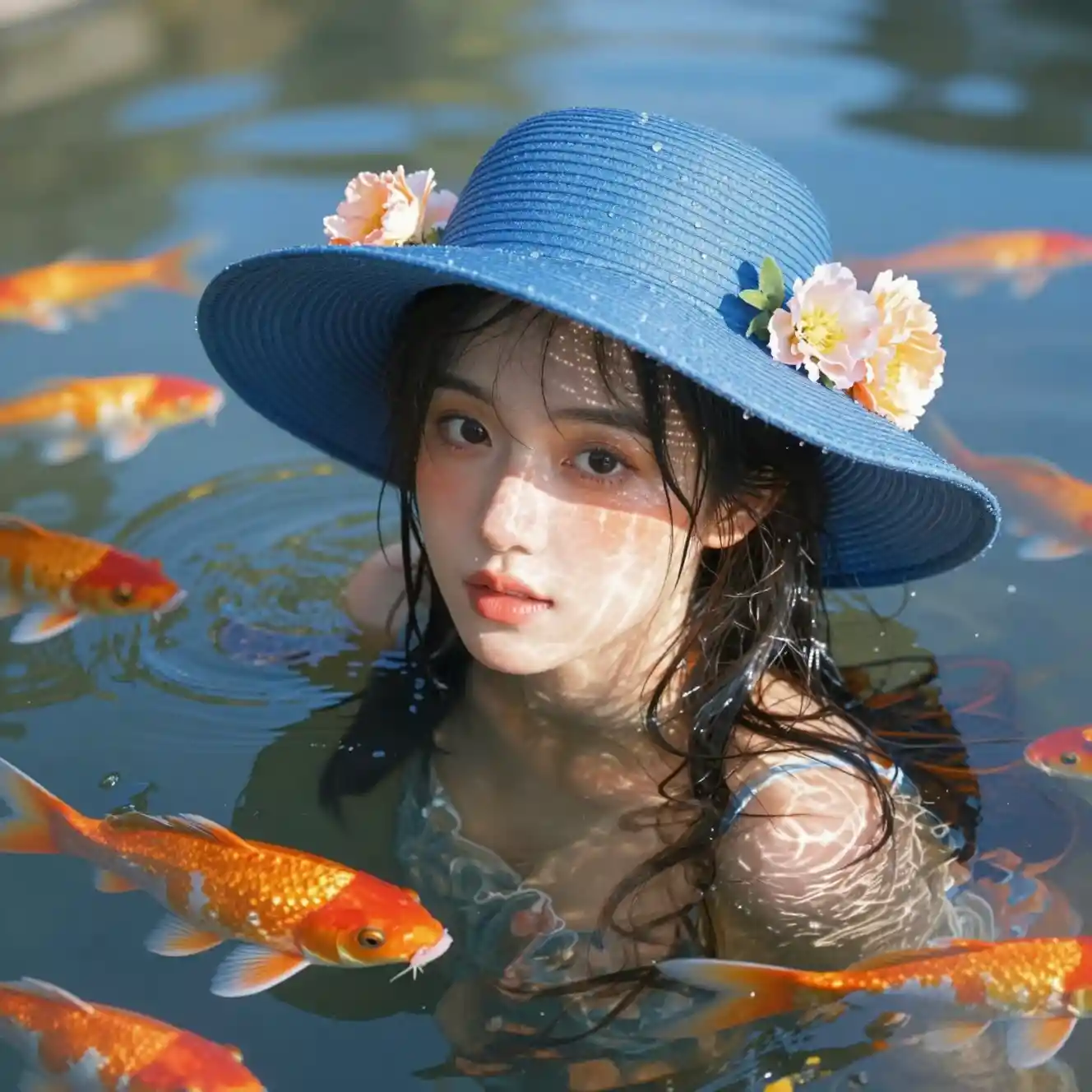 青い帽子とか錦鯉と一緒の水中の若い女性