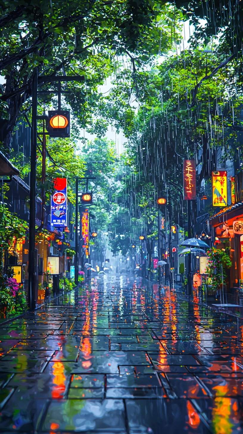 Chica de anime bajo la lluvia en una calle urbana reflectante