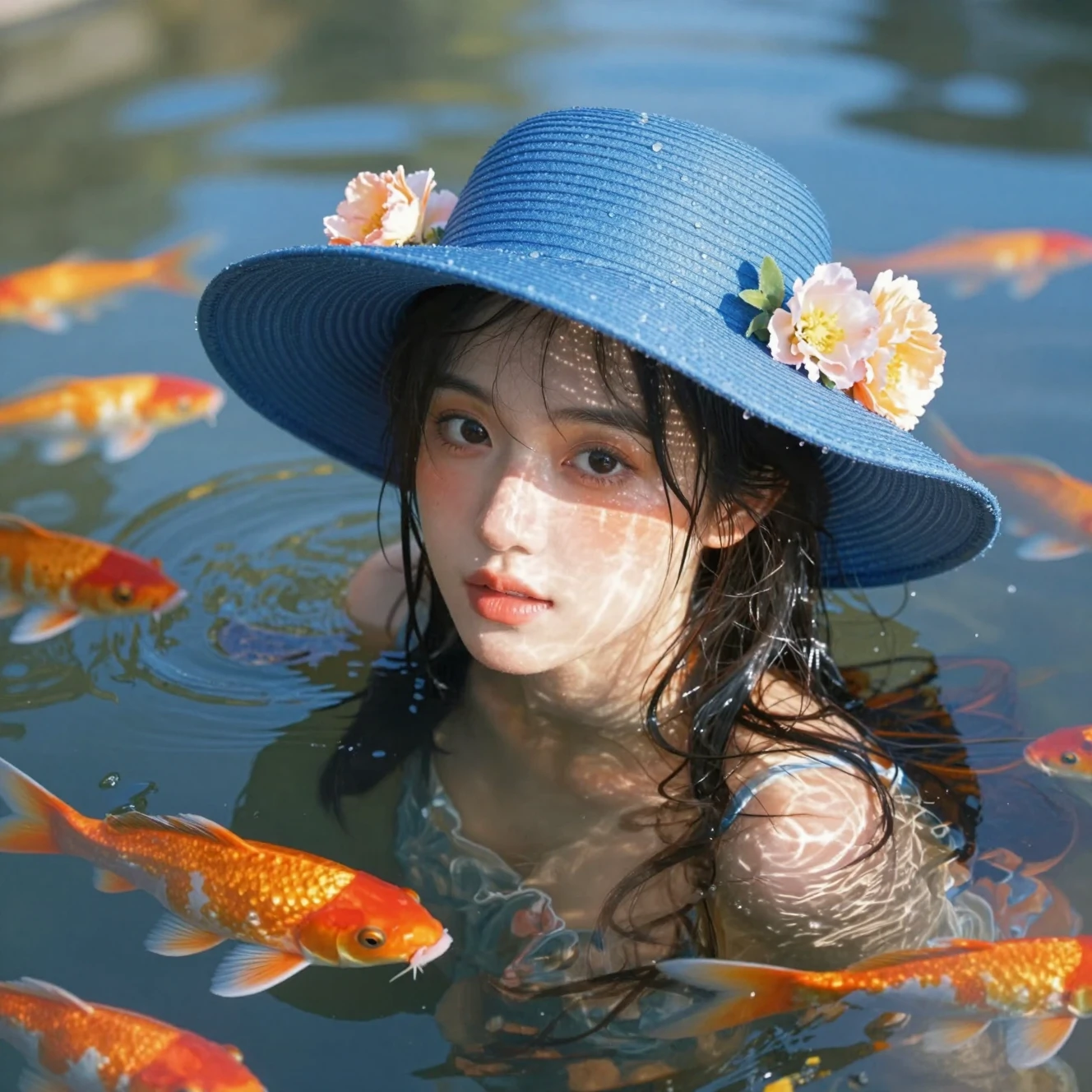 Joven mujer en el agua con sombrero azul y peces koi