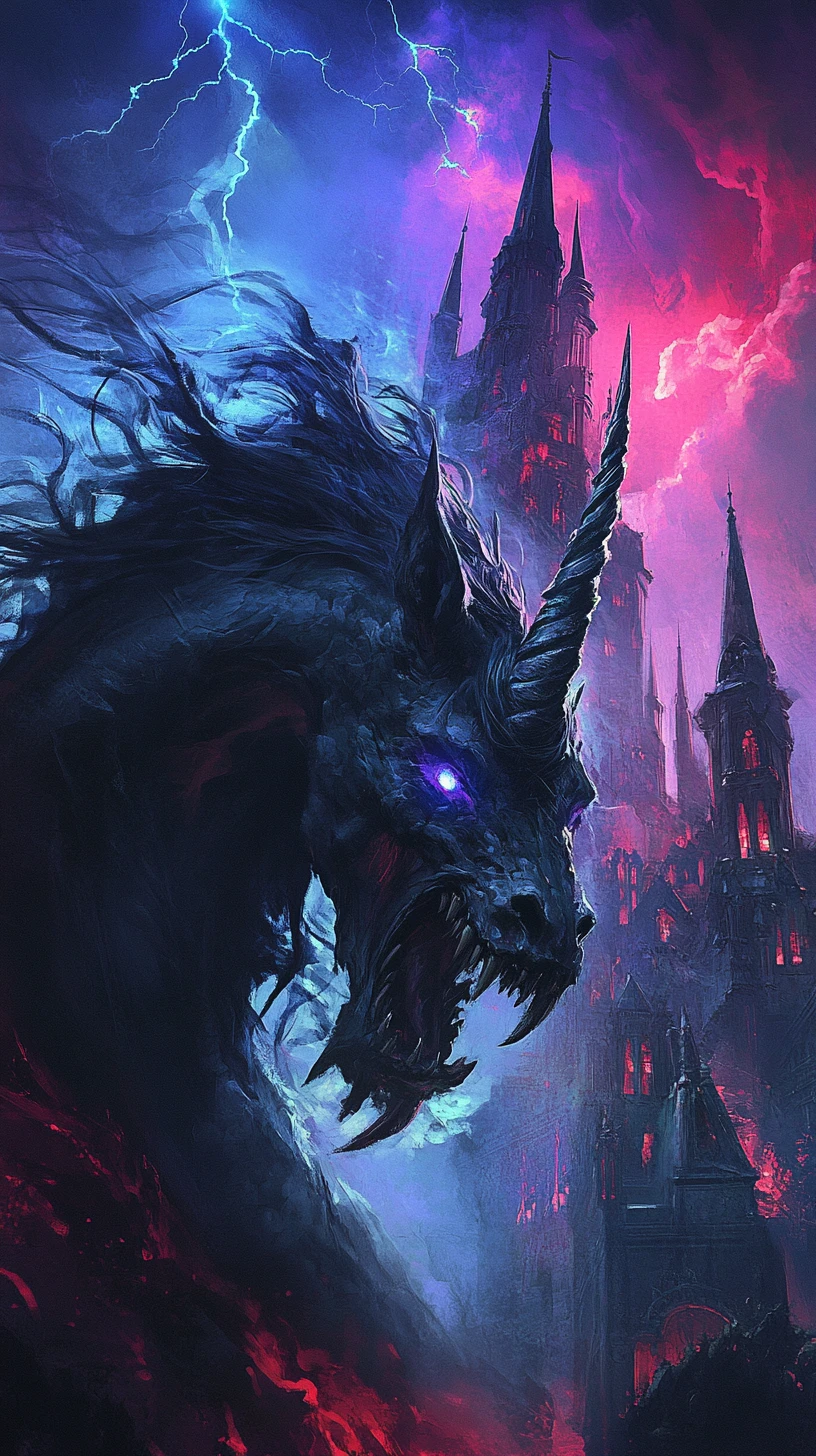 Demonic unicorn before a gothic castle under stormy sky