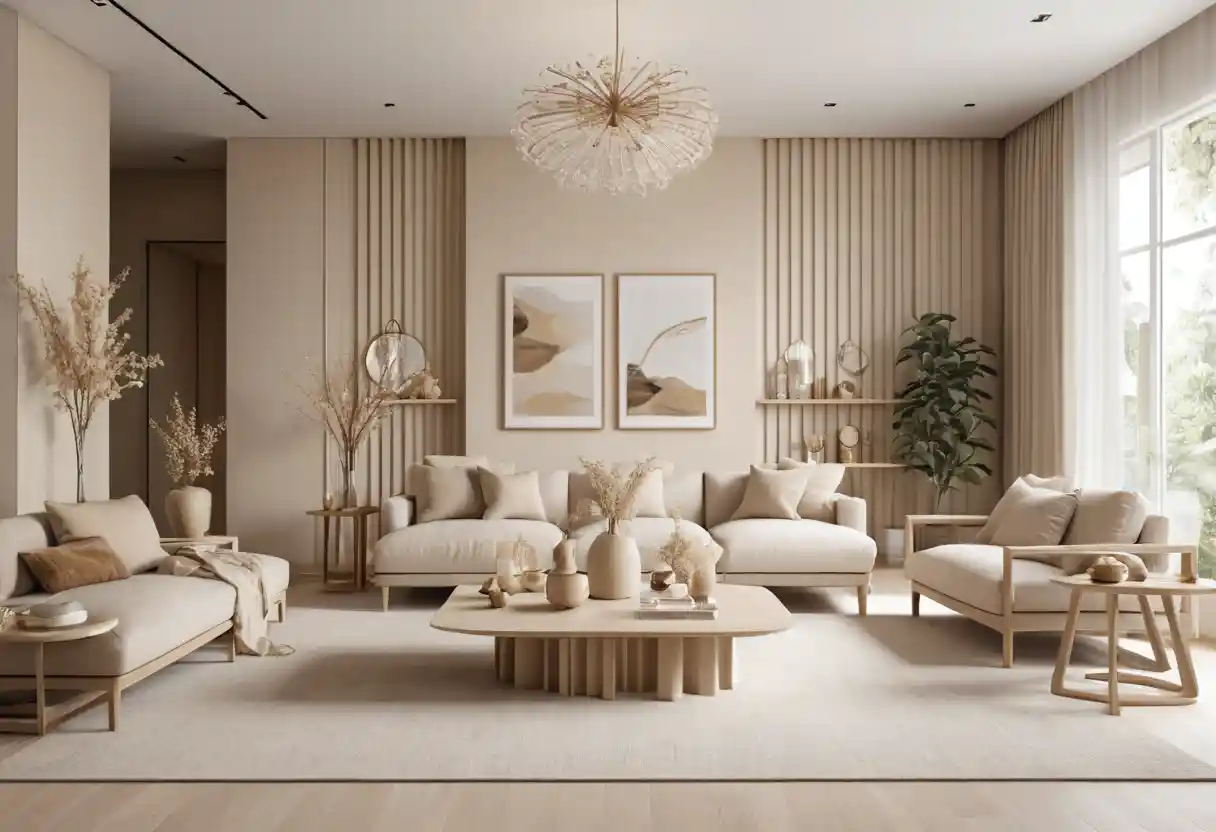 Japandi living room with creamy beige accessories